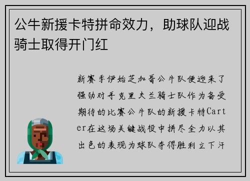 公牛新援卡特拼命效力，助球队迎战骑士取得开门红